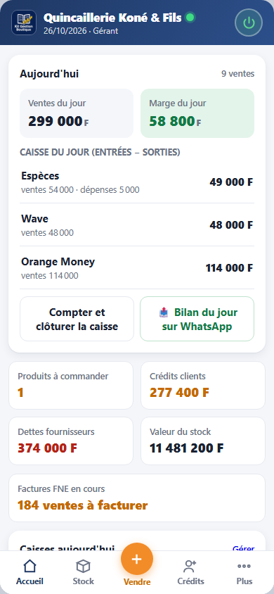 Accueil de l'application : ventes du jour, marge, caisse